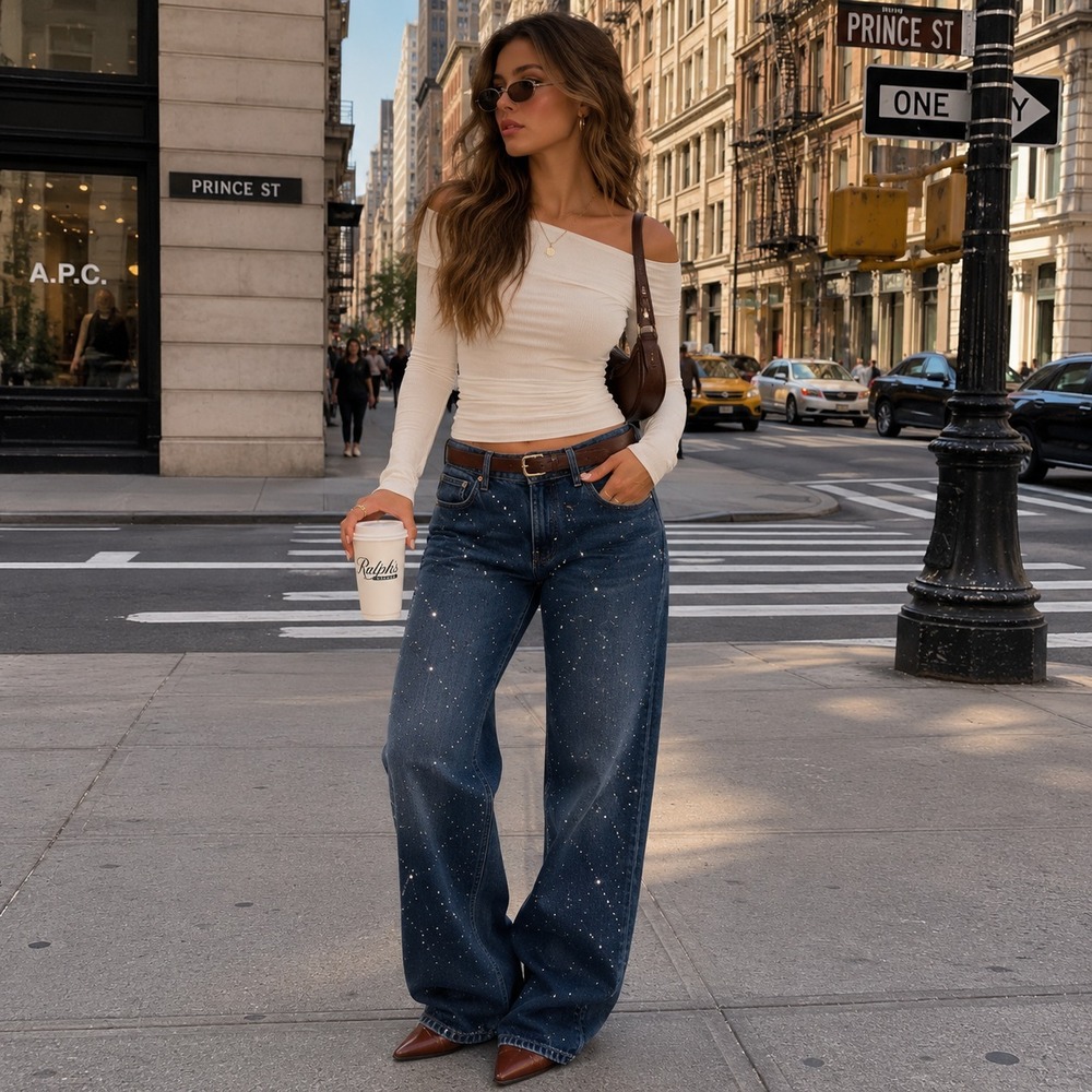 LUCKY BRAND Women's New Jeans THE BAGGY 6/28R Rhinestone Comfort Wide Leg